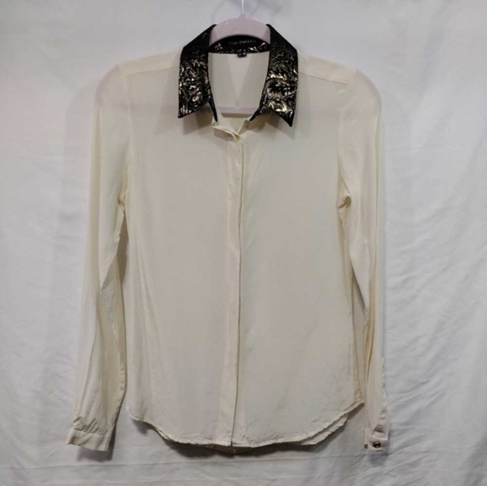 Pink Tartan Women's Silk Shirt Size 0 Cream Gold Contrasting Event Vacation